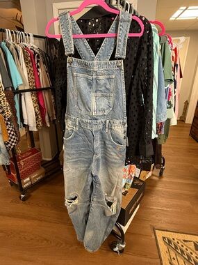 Free People Light Blue Distressed Denim Overalls